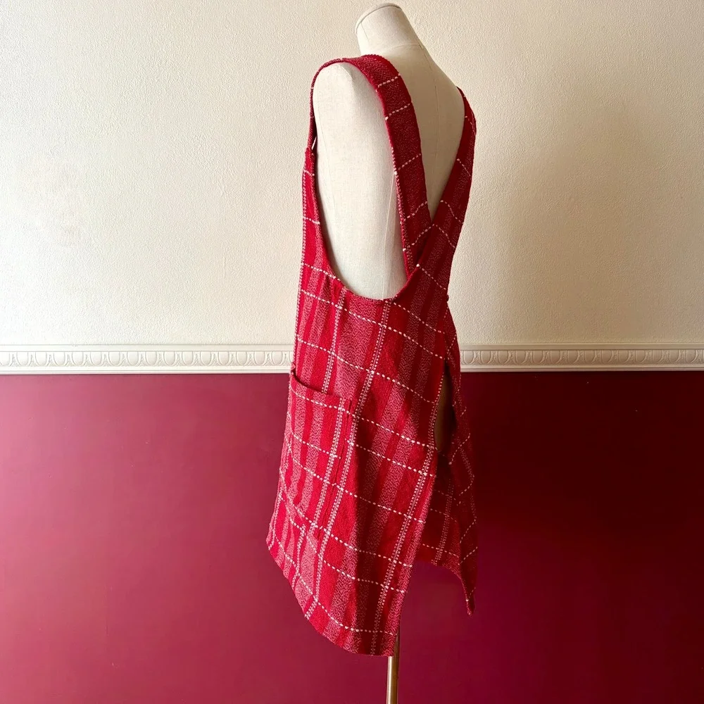 Sur La Table Red Plaid Cross Back Pinafore Apron Smock Pockets 39